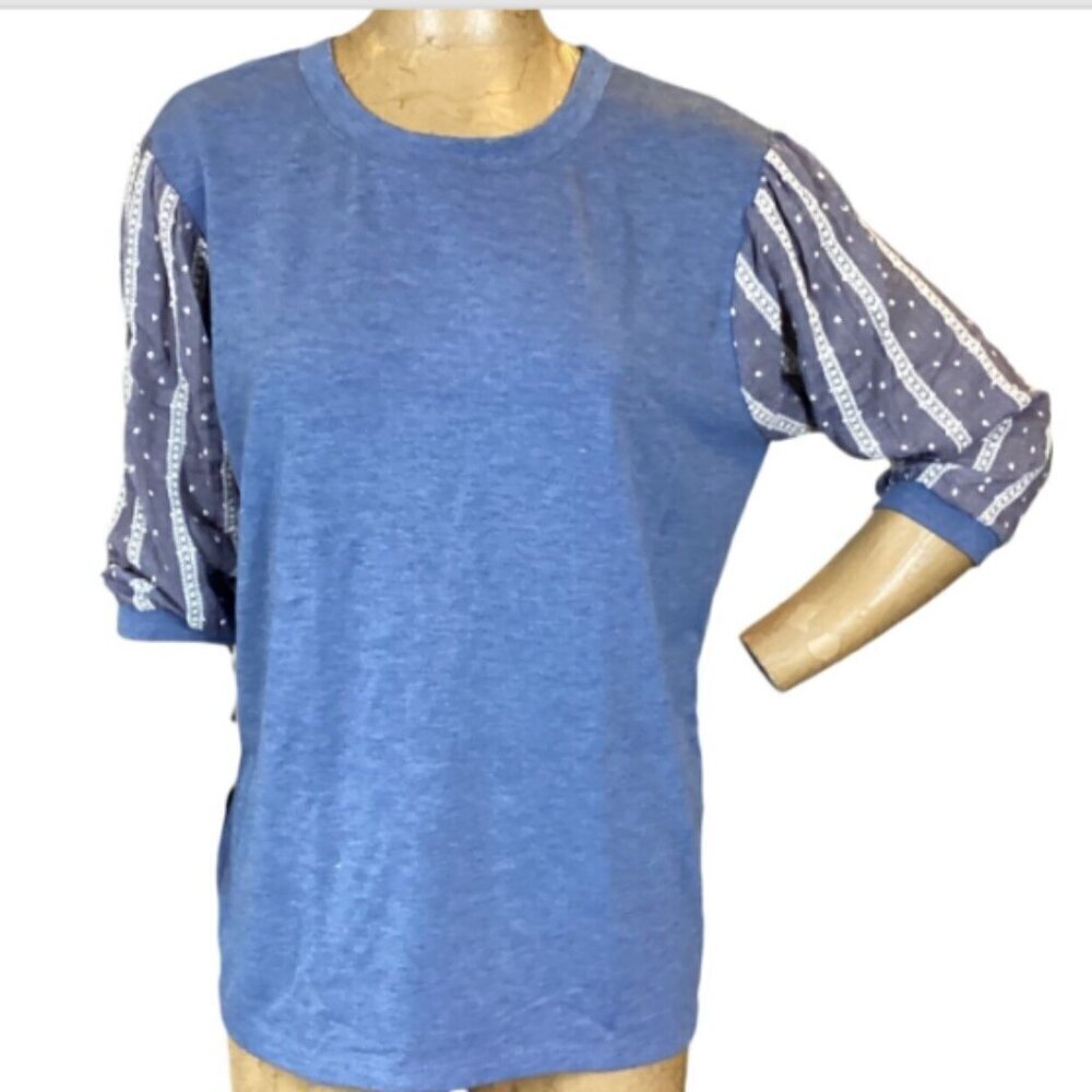 Potters Pot Balloon Sleeve Tee Mixed Media Top Embroidered Sleeve Sz M Blue #85B
